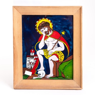 Obrazek z wizerunkiem Chrystusa Frasobliwego, malarstwo na szkle